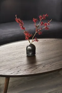 A close-up of a wooden coffee table featuring a black vase with a decorative branch arrangement.
