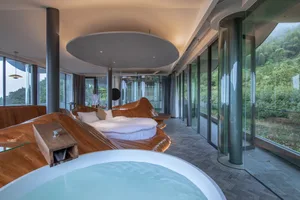 A minimalist residential interior with a white bathtub, a wooden bed, and large windows overlooking a green landscape.