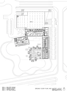 Ground floor plan and master layout of a hotel facility, showing building A, B, C, and D.