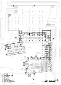A detailed architectural blueprint of a hotel's first floor, including various functional zones such as lobby bar, VIP room, 