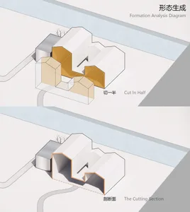 Architectural illustration depicting a minimalist floor plan with cross-section