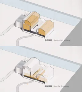 Two rendered architectural sections of an interior space showing suspended volumes and blurred boundaries.