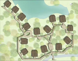 A modern residential architecture floor plan showcasing traditional wooden roof structures arranged around a central courtyar