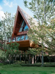 Modern residential home with wooden exterior and large windows surrounded by greenery.