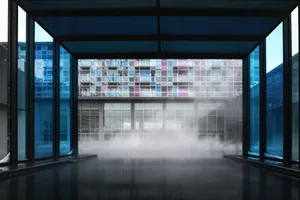 Modern interior design featuring glass walls.