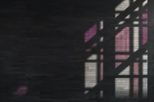 A window casts a shadow on a black brick wall, creating patterns and contrasts.