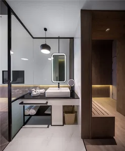 Modern bathroom with marble floor and wooden accents