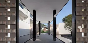 A minimalist residential entryway with a concrete walkway and glass walls.