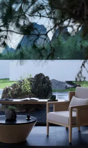 A minimalist white living room featuring a large window with a view of the natural landscape.