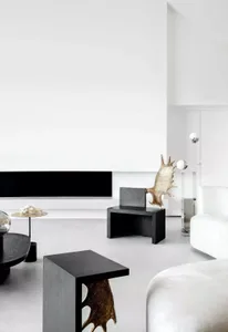 A modern black and white living room with minimalist furniture and neutral tones.