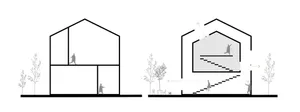 An architectural drawing of a two-level house design showing floor layout and structural details.