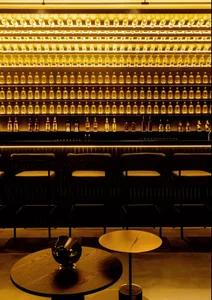 A modern bar interior with metallic shelving displaying various bottles of alcohol.