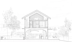 Cross-section of a modern house with transparent glass walls and concrete floors.