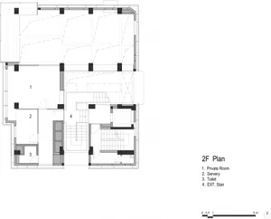 2F Architectural Plan of a Building, Including Rooms and Areas Designated as: Private Room, Servery, Toilet, and External Sta