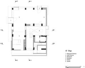 1F Plan of a hotel restaurant layout with numbered labels and axis directions