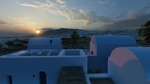 Clay homes with sunset in the background