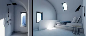 A minimalist bedroom featuring concrete, glass, and metal elements.
