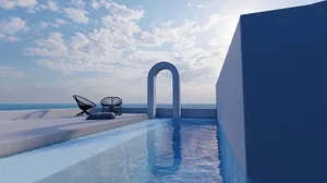 Modern minimalist outdoor pool deck overlooking the ocean, featuring concrete and steel materials.