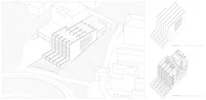 A modern building depicted in an isometric wireframe view, showing structural and spatial relationships.