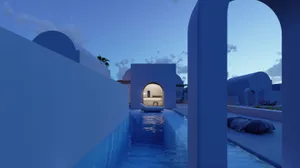 A modern residential exterior featuring a concrete structure and a swimming pool at dusk with a starry sky.