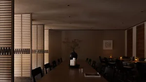 Modern design elements and ambient lighting in a restaurant interior.