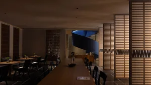 A modern restaurant interior with concrete, glass, and wood materials and furniture.