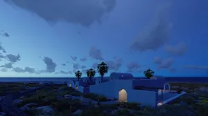A nighttime rendering of a Santorini-style residential architecture with concrete walls and palm trees.