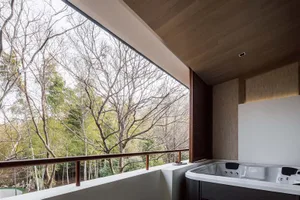 Modern minimalist bathroom with a white bathtub, wood paneling, and a large window overlooking a forest.