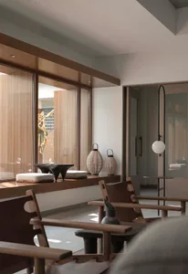 Modern minimalist living room with wooden furniture and natural light.
