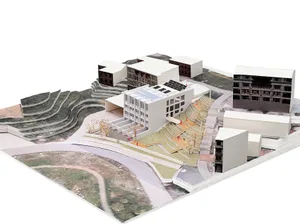 A perspective view of modern architectural designs featuring concrete and glass materials.