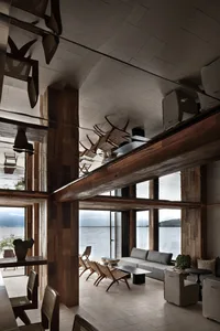 Modern living room interior design with wooden furniture and a view of the ocean.