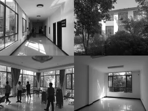 Modern office interior with white tiles and concrete walls and floor.