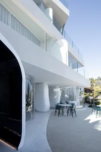 Modern restaurant with glass and concrete exterior and interior design
