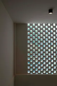 Light filtering through a modern window with a geometric glazing pattern.