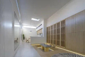 A minimalist interior design featuring white walls, wood accents, and stone elements.