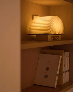 A modern, bookshelf lamp made of wood with an open book design.