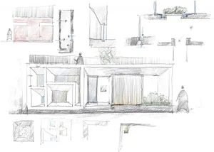 Sketch of a modern interior design featuring a combination of interior and landscape elements.