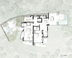 Modern residential interior floor plan featuring white, black, and glass materials.