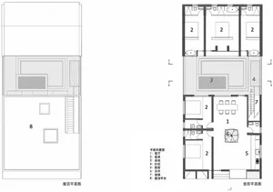 Architectural drawing of a two-story building with a rooftop and first-floor layouts.