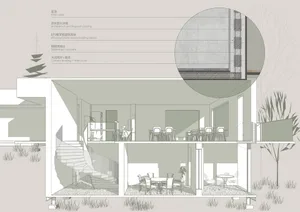 Modern residential interior with concrete, glass, and metal dining area