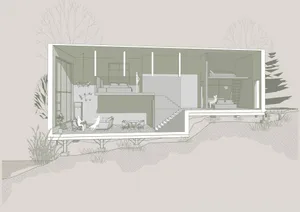 Floor plan illustration of a modern residential interior with open spaces and natural light.