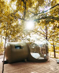 Modern glass bubble house nestled in the woods, featuring a cozy interior with a bed and minimalistic design.
