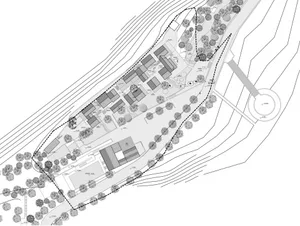 A detailed architectural plan of a building, featuring layout lines and structural elements.