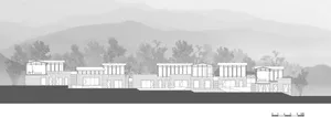 石材外牆住宅的示意圖，搭配玻璃窗與混凝土步道。