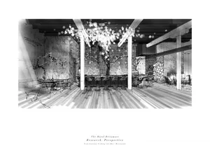 A rendering of a hotel restaurant bar interior with light fixtures, seating, and a central bar.