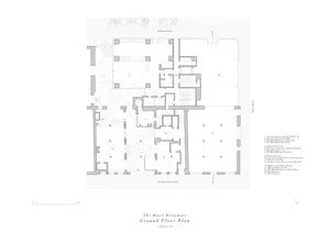 A detailed architectural floor plan of a hotel's ground floor, showing various rooms and areas such as offices, restaurants, 