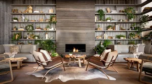 An industrial-style living room with wooden furniture and shelves.
