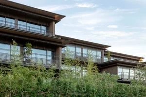 Modern building with glass facade and brick exterior