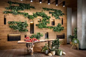 A modern living room with wooden walls adorned with green indoor plants, a wooden table, and a bowl of apples.