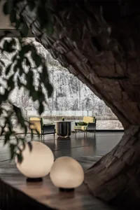 Modern lobby interior with concrete and marble materials